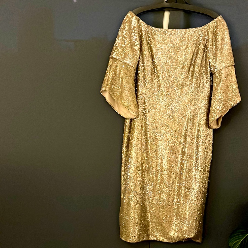 Sine in this fab, gold Tahari dress. Bought for a wedding & never worn! Buy it!